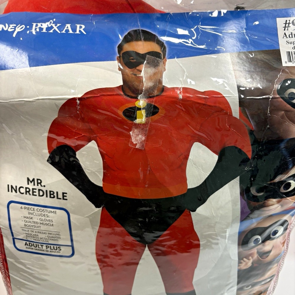 Disney Pixar Mr Incredible Adult Plus 4 pc Costume Mask Gloves Muscle Bodysuit